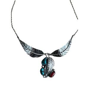 Sterling Silver Turquoise Coral Signed GN Collar Necklace